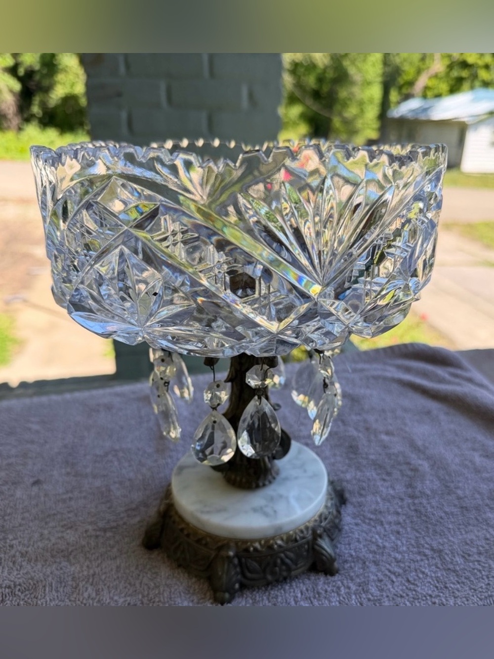 Vintage Hollywood Regency Crystal Compote Bowl with Prisms & Marble Base